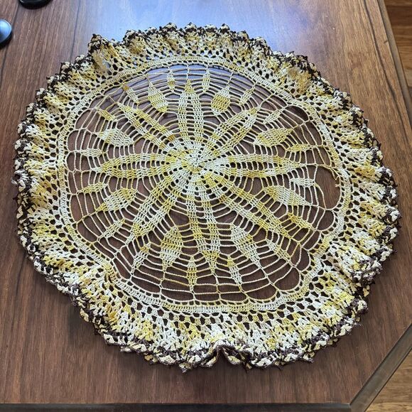 Vtg Antique Hand Crocheted Round Doily Scalloped Ruffled Edges Yellow Brown - Picture 1 of 16